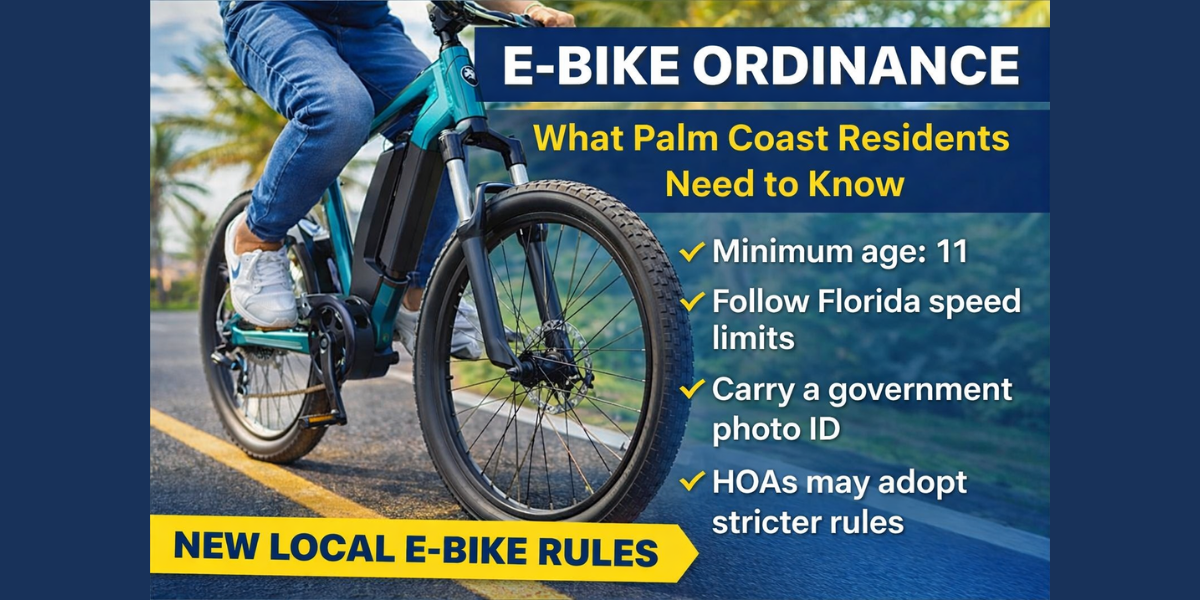 Electric bicycle rider traveling on a paved path with bold text highlighting Palm Coast e-bike ordinance information, including minimum age requirements, Florida state speed limits, photo ID requirement, and HOA rule considerations, designed as a clear visual explainer for residents.