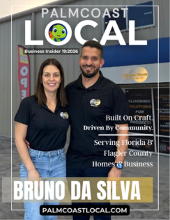 Bruno da Silva and his wife, founders of Alliance Flooring in Palm Coast, Florida, standing outside their flooring store as a local family-owned business serving homes and businesses across Flagler County.
