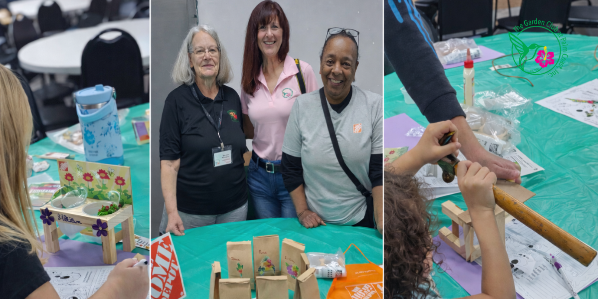 Three side-by-side photos from The Garden Club at Palm Coast children’s workshop show young participants building wooden plant stands, decorating and planting seed kits, and volunteers smiling behind tables filled with plants and supplies. Families work together at green-covered tables in a bright indoor venue, creating hands-on gardening projects designed to teach environmental responsibility and teamwork.