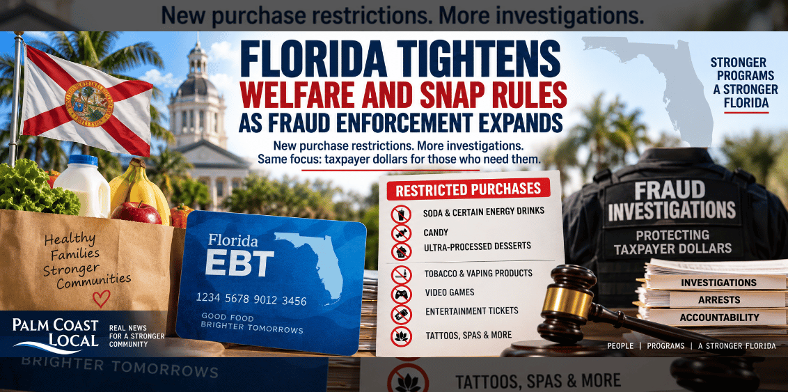 Florida welfare and SNAP rules graphic highlighting EBT purchase restrictions and expanded public assistance fraud enforcement in Florida on PalmCoastLocal.com.