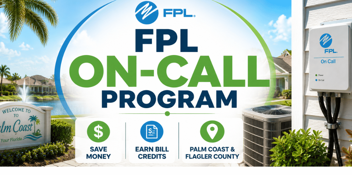 Promotional image featuring the FPL On-Call Program with a Palm Coast neighborhood backdrop, residential air conditioning equipment, and an FPL On-Call control device. The image highlights potential bill credits, energy savings, and grid support benefits available to Palm Coast and Flagler County homeowners.