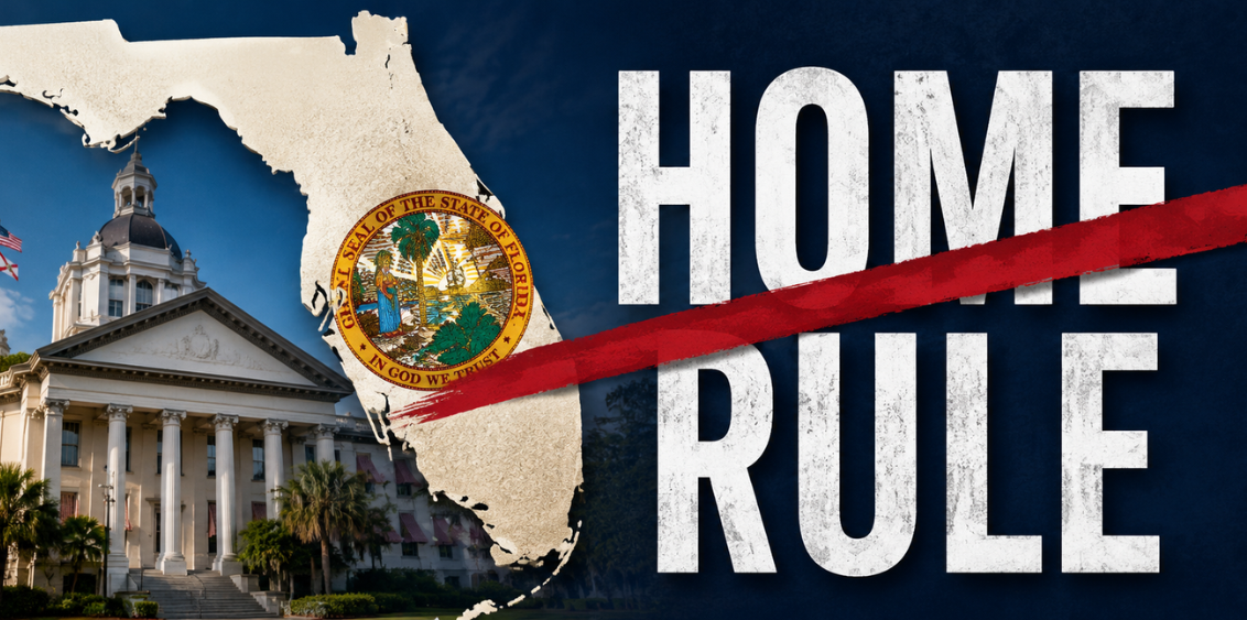 A dramatic editorial-style graphic featuring the Florida State Capitol, a textured outline of the state of Florida with the Florida state seal, and the words “HOME RULE” crossed out with a bold red slash. The image represents the growing statewide debate over local government authority, state preemption, development laws, and the shifting balance between Tallahassee and local communities across Florida.