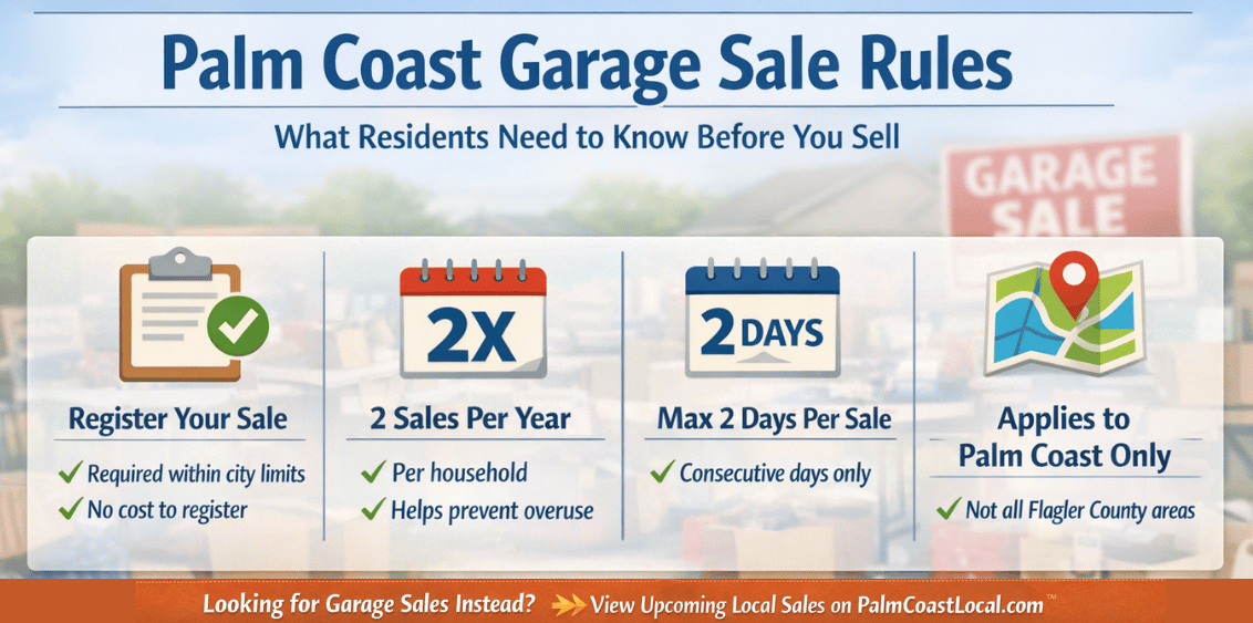 How to register a garage sale in Palm Coast Florida including rules, limits, and requirements for residents within city limits | Palm Coast Local