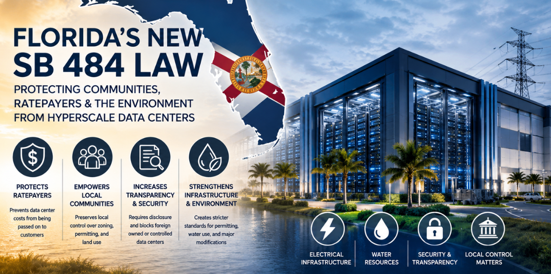 Florida’s new SB 484 law gives Florida communities more control over hyperscale data center development while protecting ratepayers, infrastructure, electricity costs, water resources, and local zoning authority across the state.