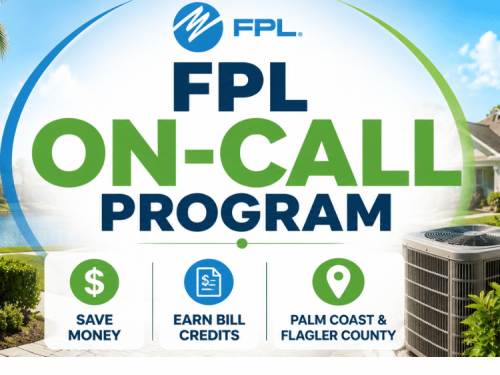FPL On-Call Program information banner for Palm Coast and Flagler County residents highlighting energy savings, bill credits, and participation in Florida Power & Light's voluntary demand management program.