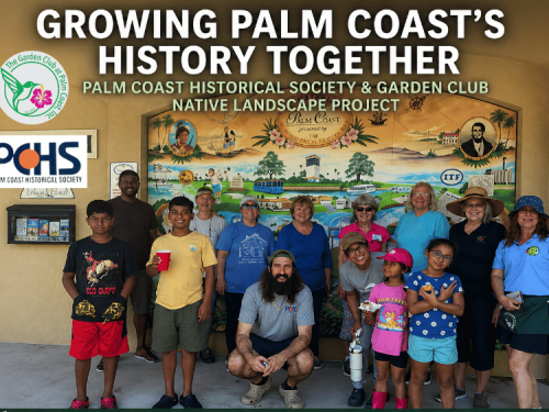Community members and Jr. Garden Club participants gather at the Palm Coast Historical Society & Museum in Holland Park for a Florida native landscape project, highlighting collaboration between local organizations | Palm Coast Local