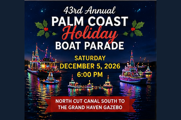 Palm Coast Holiday Boat Parade lights up the Intracoastal Dec. 5 at 6 PM, with public viewing from Waterfront Park and St. Joe Walkway.