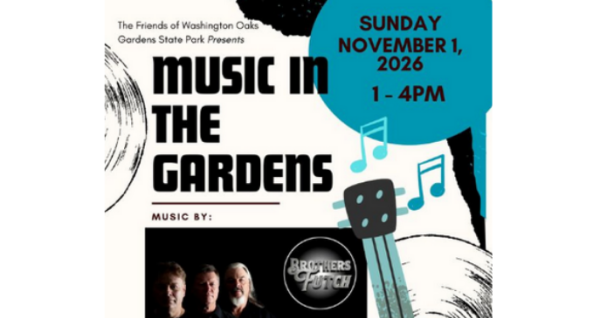 Music in the Gardens featuring live music by Brothers Futch, food trucks, kids activities, and outdoor entertainment at Washington Oaks Gardens State Park on November 1, 2026.