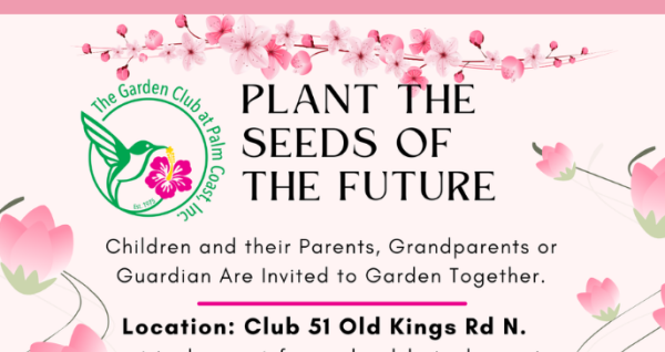 Child and adult planting seeds together during the Planting the Seeds of the Future workshop hosted by The Garden Club at Palm Coast in partnership with Home Depot.