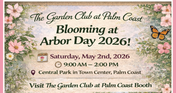 Palm Coast Arbor Day event at Central Park with tree giveaway, butterfly tent, plant sale, and family activities on May 2, 2026 from 9 AM to 1 PM.