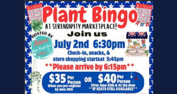 Plant Bingo event in Palm Coast featuring bingo games, live plant prizes, shopping, snacks, and community fun on July 2, 2026 starting at 6:30 PM.