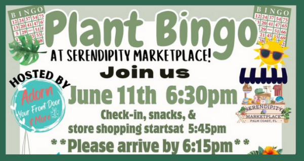 Plant Bingo event in Palm Coast featuring bingo games, live plant prizes, shopping, snacks, and community fun on June 11, 2026 starting at 6:30 PM.