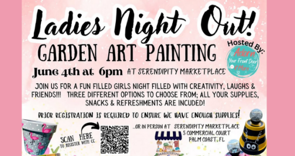 Garden art painting event at Serendipity Marketplace featuring creative projects, refreshments, and community fun on June 4, 2026 at 6 PM.