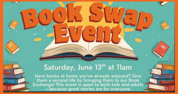 Community book exchange event with gently used books, family reading activities, and guests browsing for new books to take home.