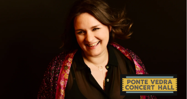 Promotional tour image for award-winning jazz singer-songwriter Madeleine Peyroux performing live in a fully seated concert at the Ponte Vedra Concert Hall near Palm Coast, Florida.