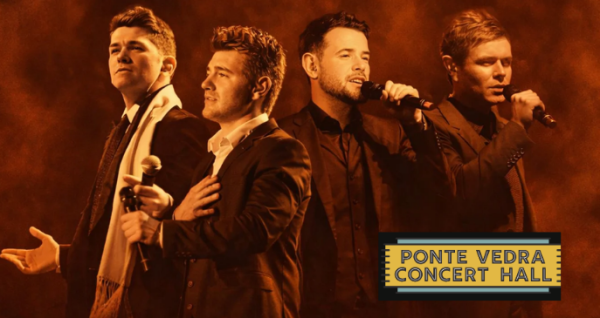Promotional group tour image for Irish vocal ensemble Celtic Thunder performing live in a fully seated concert at the Ponte Vedra Concert Hall near Palm Coast, Florida.