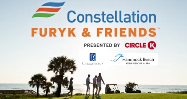 An aerial sunset view of the oceanfront clubhouse and fairways at the Ocean Course inside Hammock Beach Golf Resort & Spa, promoting the Constellation FURYK & FRIENDS presented by Circle K tournament from October 9-11, 2026.