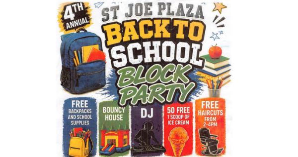 Families enjoy free backpacks, school supplies, bounce houses, music, haircuts, and children's activities during the St. Joe Plaza Back to School Block Party in Palm Coast on August 9, 2026.