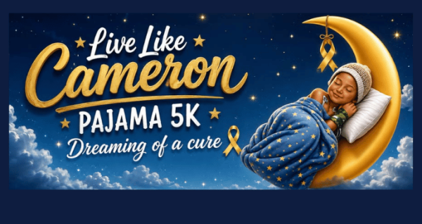 A promotional announcement graphic for the Live Like Cameron Pajama 5K Dreaming of a Cure featuring event times, pajama contest, and registration details.
