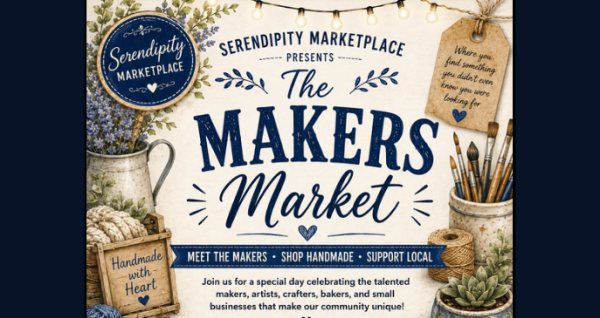 The Makers Market featuring event times, venue address, and artisan shopping details.