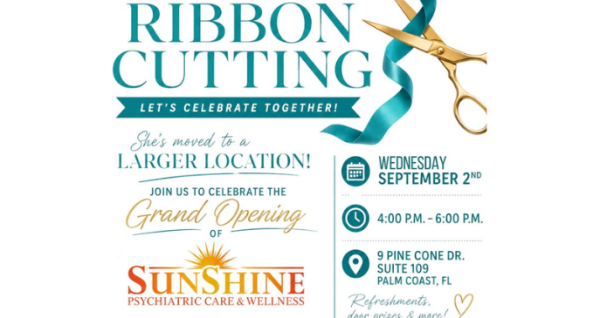 Sunshine Psychiatric Care featuring ribbon cutting shears, event date, and facility address.