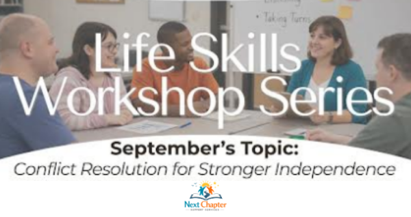 Next Chapter Support Services featuring adults in a group learning setting, event details, and topics on conflict resolution.