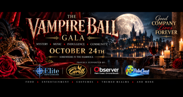 The Vampire Ball Gala promotional banner featuring a moonlit castle, masquerade mask, candles, red roses and sponsor logos for the October 24 immersive experience in The Hammock on PalmCoastLocal.com.