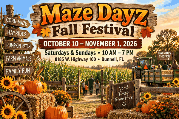 Maze Dayz Fall Festival at Cowart Ranch and Farms features a five-acre maze, hayrides, pumpkins and family activities on PalmCoastLocal.com