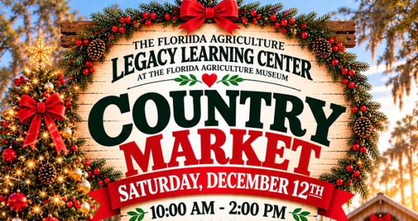 Christmas Country Market at the Florida Agriculture Museum's Legacy Learning Center on December 12, 2026, featuring local vendors, farm-fresh products, and holiday activities.  Image Alt Text: Christmas Country Market at Florida Agriculture Museum on Dece