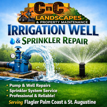 CnC Landscaping Palm Coast 10 percent off sprinkler and well repair labor discount for military first responders seniors Flagler County