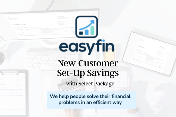 A professional business banner for Easyfin Bookkeeping Service offering discounted setup for 199 dollars through September 30 2026.