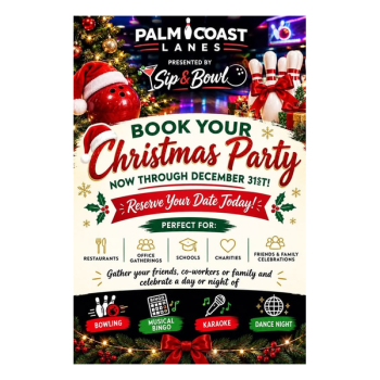 Book your 2026 Christmas party at Palm Coast Lanes! Bowling, musical bingo, karaoke and more. Perfect for offices, schools, families and groups.
